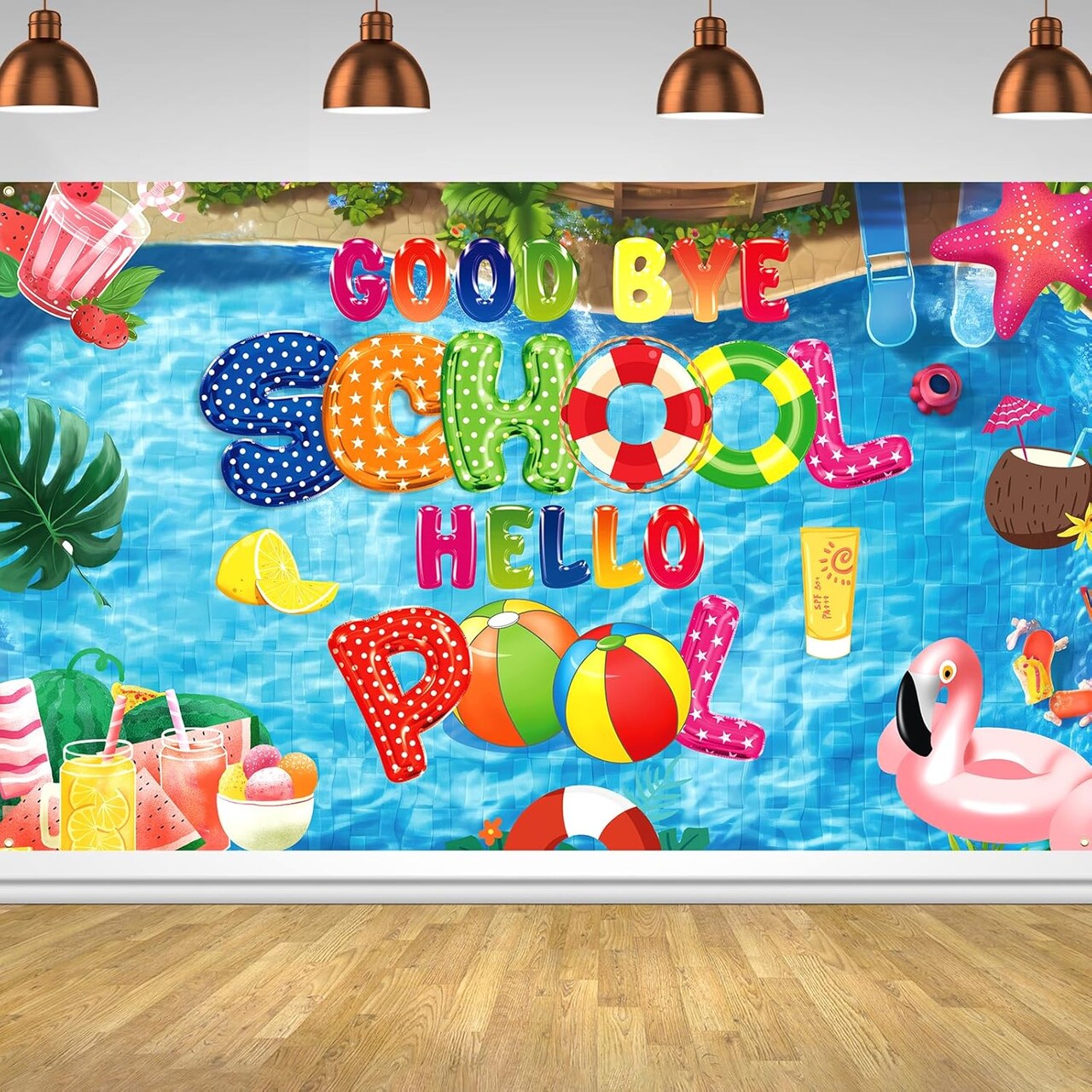 Goodbye School Hello Pool Backdrop Banner End of School Year Party Decorations for Summer Indoor Outdoor Ornament Decor Supplies 71 x 43 Inches